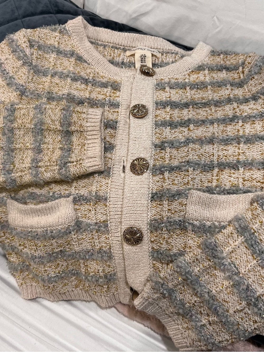 Cream & Blue Striped Knit Button-Front Women's Cardigan l S